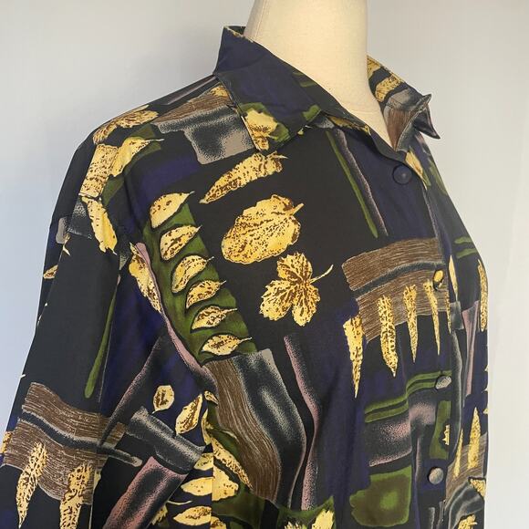 Vintage Blouse Top Size Medium Purple Green Boho Art Print Long Sleeve Button - Picture 6 of 12